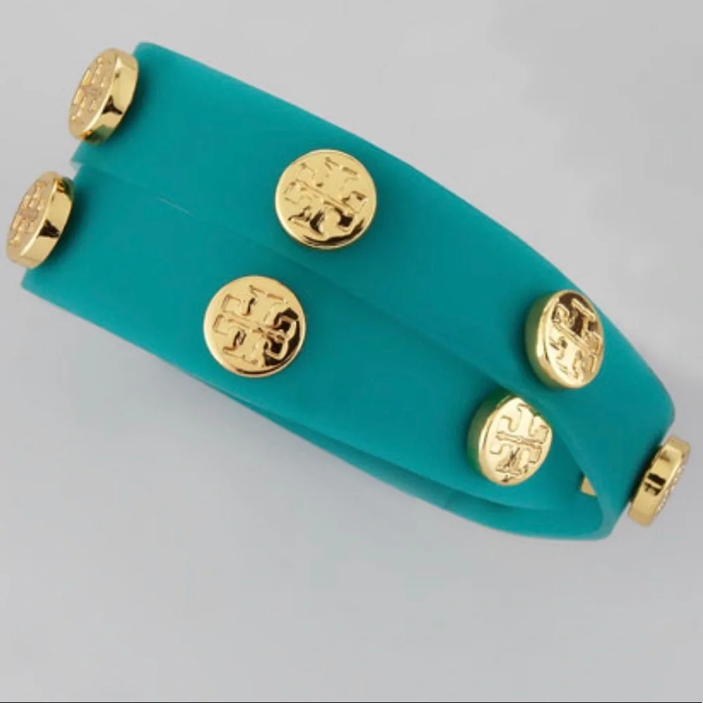 Tory Burch Logo Studded Jelly Wrap Turquoise Bracelet